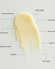 Swatch of cream with labeled uses on a light gray background